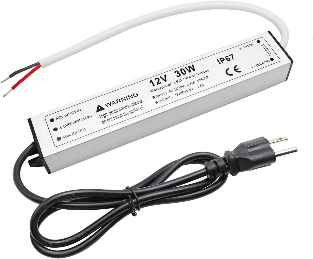 30W 12 Volt LED Power Supply, Waterproof IP67 LED Driver, 110V AC to 12V DC Converter, LED Transformer Low Voltage Output with 3-Prong Plug 3.3 Feet Cable for LED Light Strip, 2.5Amp