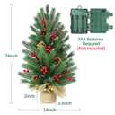 24 Inch Pre-lit Christmas Pine Tree, 2FT Small Table Top Xmas Tree with 50 Warm White Lights, Battery Power Tabletop Tree with Timer, 55 Pines, 10 Pinecones, 70 Red Berries for Winter Home Decorations (Green)