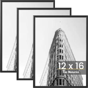 Fun Memories 12x16 Poster Frame for Photo, Posters & Art Prints, Horizontal or Vertical Wall Mounting Scratch-Proof Wall Gallery Photo Frame (Black, 3 Pack)
