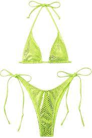 Swimsuit Triangle Tops High Cut Tie Side Thong Bikini Set Lime Green Small 2 Pcs