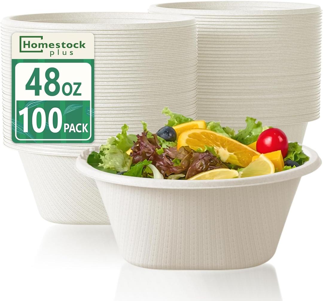 Homestockplus Large Disposable Bowls 48 Oz Heavy Duty Compostable Paper Bowls [100 Pack], Extra Large Catering Bowls for Restaurants, Salad, Buffet, EcoFriendly Microwave Safe (White)