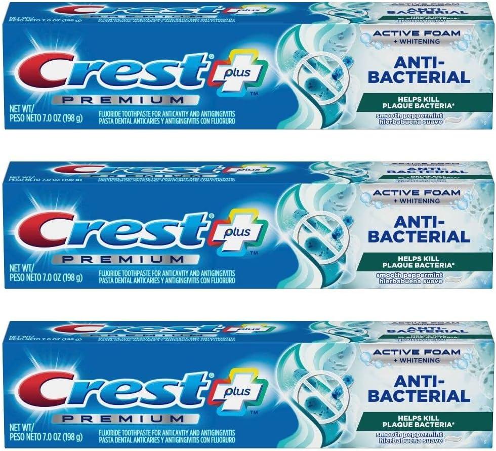 Crest Premium Plus Anti-Bacterial Toothpaste, Smooth Peppermint Flavor 7.0 oz (Pack of 3)