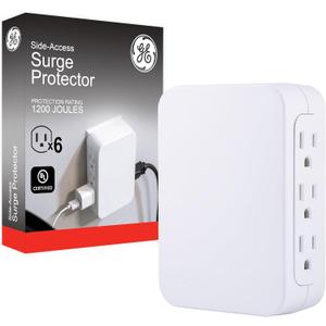 GE Pro 6-Outlet Extender, Surge Protector, Side Access, Wall Tap Adapter, 3-Prong, 1200 Joules, UL Listed, White, 10353