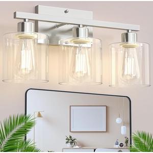 Phaosio Bathroom Vanity Light Fixtures 3-Light Wall Sconce, Brushed Nickel Mirror Light with Clear Glass Shade, Easy Install Bedroom Hallway Lighting, E26 Base