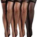 Bencailor 4 Pairs Fishnet Thigh High Stocking for Women Silicone Lace Top Sheer Over Knee Stockings (Medium, Black)