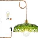 Plug in Pendant Light Hanging Lights with Plug in Cord Boho Hanging Lamp Glass Gold Mid Century Modern Vintage Dimmable Green Flower for Living Room Kitchen