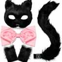 Cat Costume for Women - Therian Furry Mask, Bow, Paw Gloves, Long Tail - Fox Outfit Set for Halloween