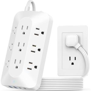 Power Strip Surge Protector, Ultra Thin Extension Cord 5ft, 9 Outlets with 4 USB (2 USB C) for Multiple Devices, Outlet Extender for Home, Office, Dorm Essential, White