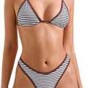 SUUKSESS Women Sexy Thong String 2 Piece Bikini Set Cheeky Halter Swimsuit  (Brown Striped) M
