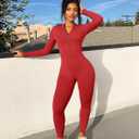 YEOREO Women Long Sleeve Workout Jumpsuit Zip Up Romper Bottom Pants Bodysuit Bodycon Sexy One Piece (Red, L)