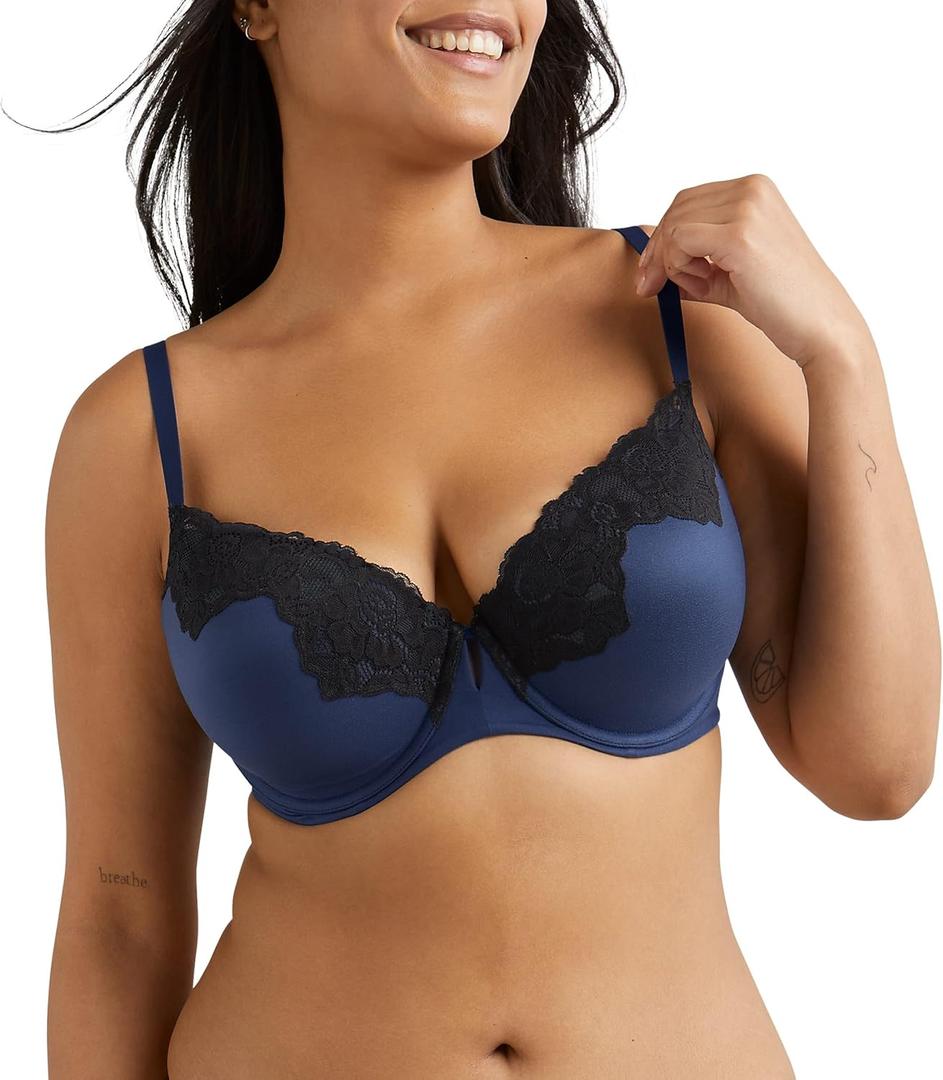Maidenform Women's Comfort Devotion Your Lift Underwire Bra With Lace Trim, Convertible Straps (38D, Navy Eclipse/Black)