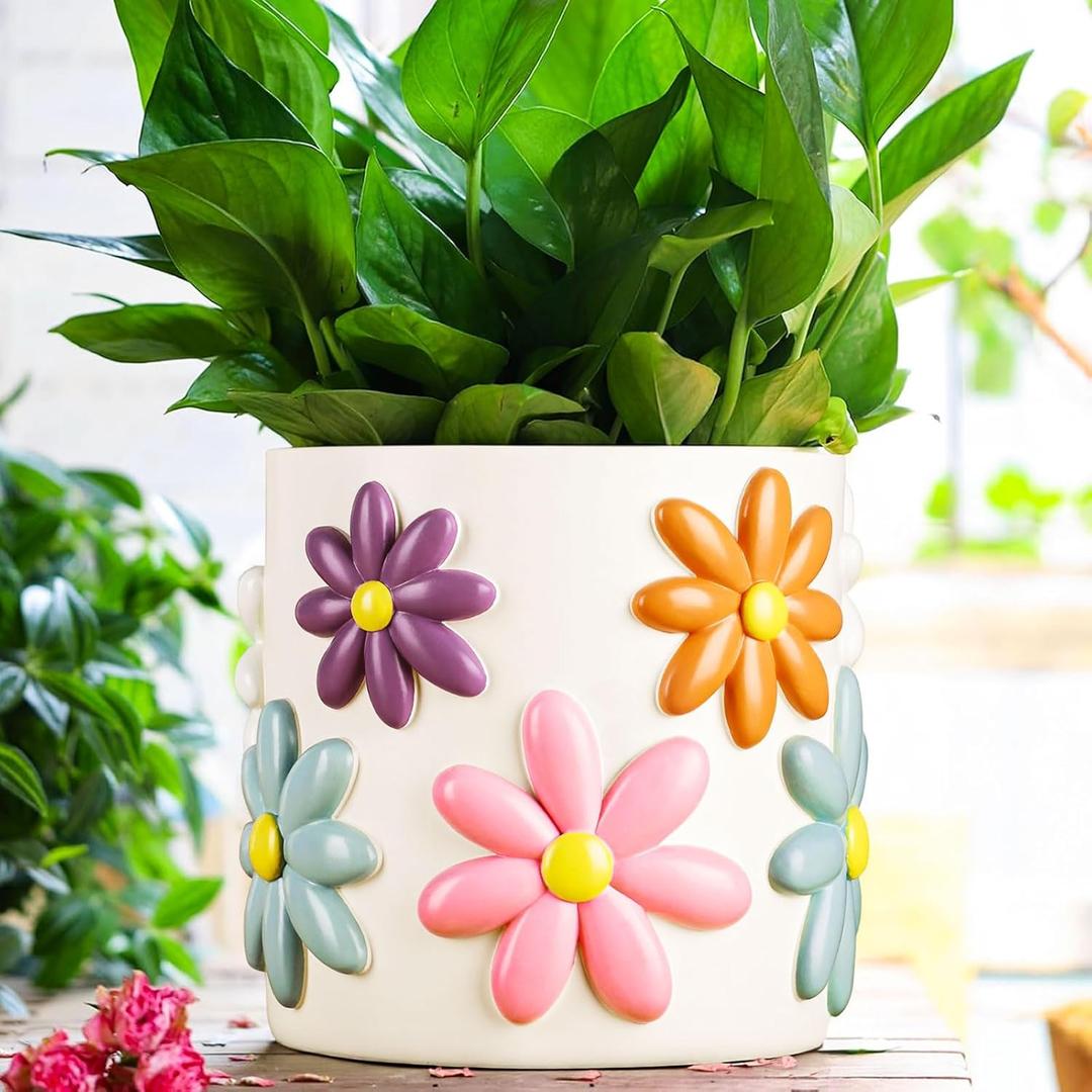 GUGUGO 8 Inch Daisy Planters, Decorative Large Plant Pots with Drainage Holes, Funny Unique Flower Pot for Indoor Plants, Colorful Gardening Pot for Boho Modern Home Dcor, White
