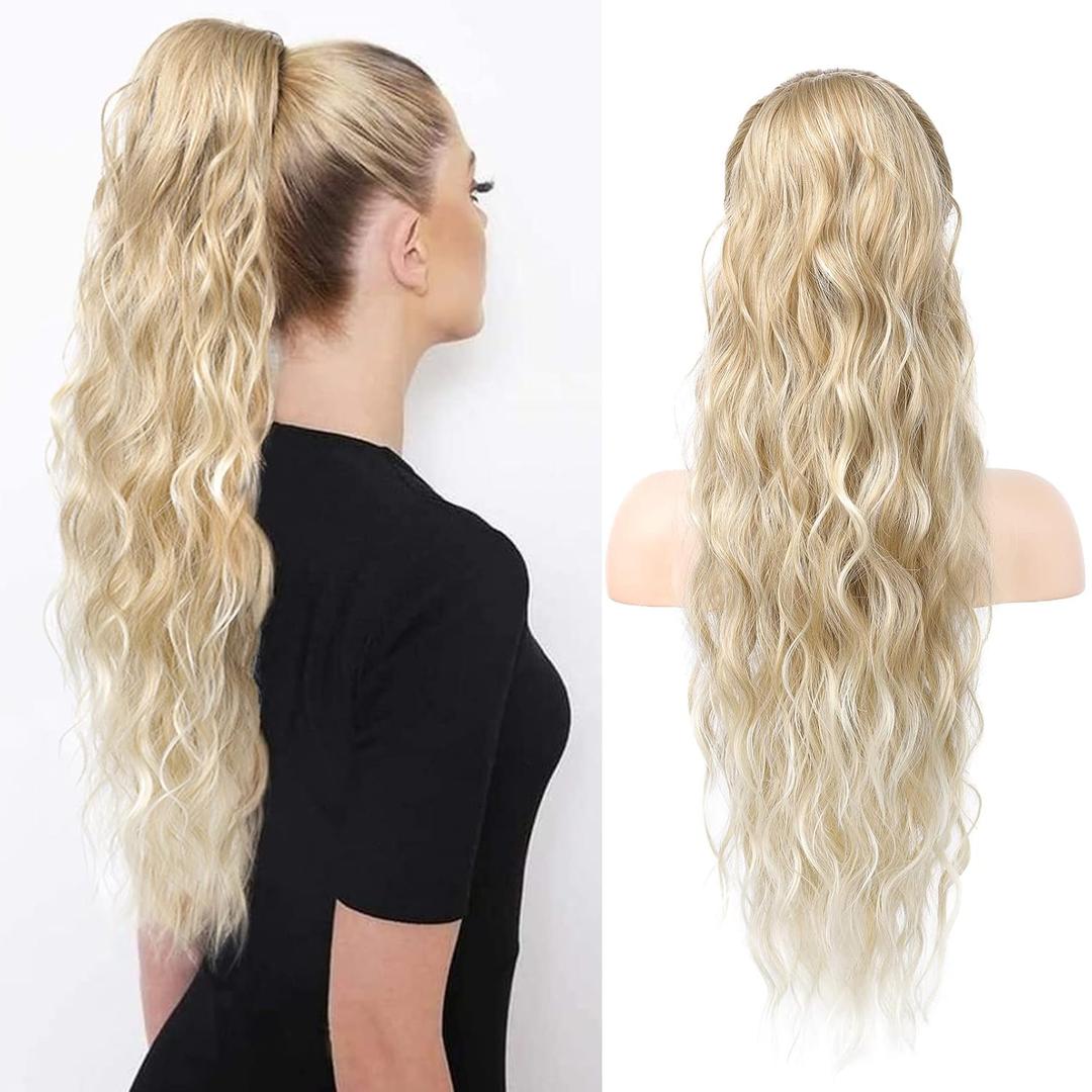 HOOJIH Ponytail Extension, Drawstring Ponytail Hair Extensions 26 Inch Long Curly Wavy Ponytail Natural Wavy Synthetic Hairpiece for Women Daily Use - Warm Blonde with Platinum Blonde Tails