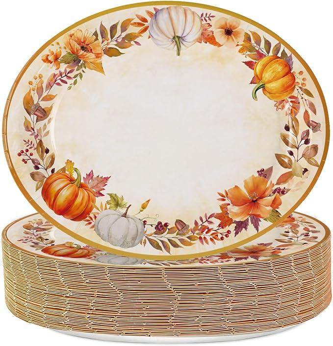 QIYANPAX Thanksgiving Paper Plates Large 9"x11" – Fall Watercolor Pumpkins Leaves Disposable Plates for Autumn Harvest Party, Dinner, Holiday Table Decor 25 PCS