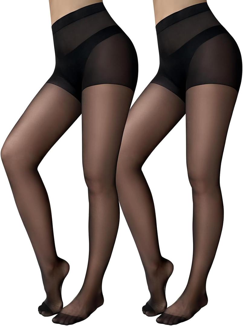 Jamieya 2 Pairs Black Sheer Tights for Women, 20D Control Top Pantyhose Stockings Tummy Control Under Dress (Black)