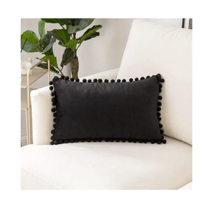 12x20 Throw Pillow Cases 2 Pack Cozy Soft Pom-poms Velvet Rectangular Decorative Pillow Covers for Farmhouse Boho Home Decor (Black)