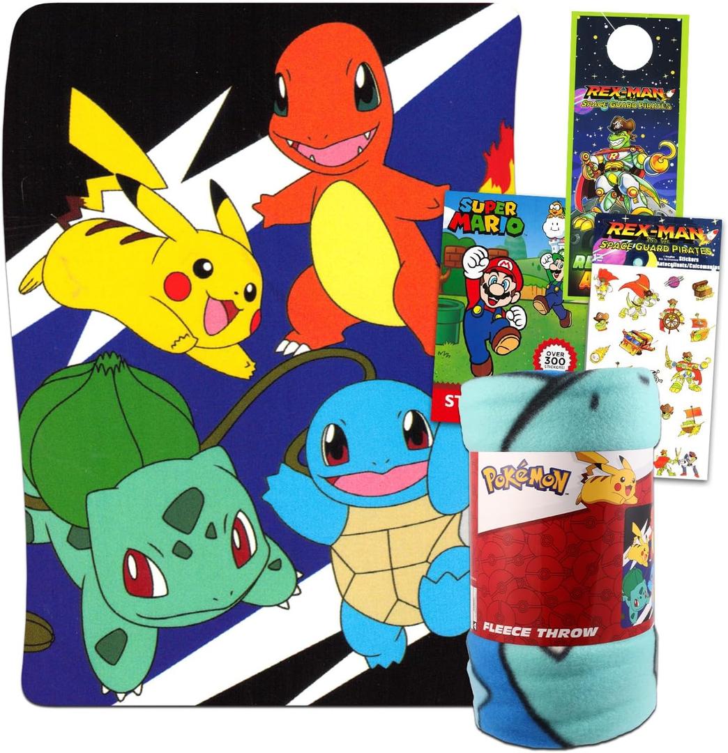 Pokemon Throw Blanket Set - Bundle of 45x60" Pokemon Fleece Blanket, Super Mario Stickers and More | Nintendo Bedding Kit for Kids