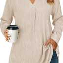 Womens 3 4 Sleeve Blouse Long Sleeve Business Casual Tunic Tops V Neck Work Tops Textured Dressy Casual Shirts (Light Khaki, Large)