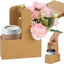 60 pcs Brown Kraft Paper 2 Cup Drink Carrier with Handle Disposable Kraft Paperboard Cup Holder for Hot or Cold Drinks, Take-Out Cup Carrier & Coffee Carrier for Food Delivery, 2-Cup Drink Tray