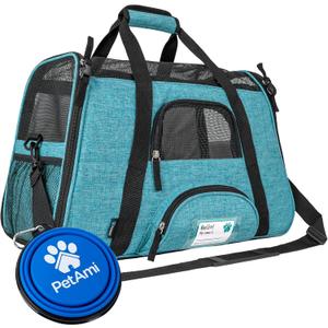 PetAmi Airline Approved Pet Carrier for Cats & Small Dogs, Soft Sided TSA Travel Carrier Bag Sherpa Bed, Breathable Mesh Ventilation, Collapsible Bowl, Fit Under Seat, Up to 18 lbs, Small Heather Blue