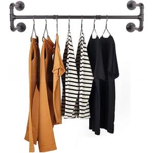 54 Wall Mounted Clothes Rack, Industrial Pipe Black Iron Garment Bar, Heavy-Duty Detachable Clothing Rod, Multi-Purpose Metal Wall display Hanging Pole for Closet Storage, Laundry Room 4 Base