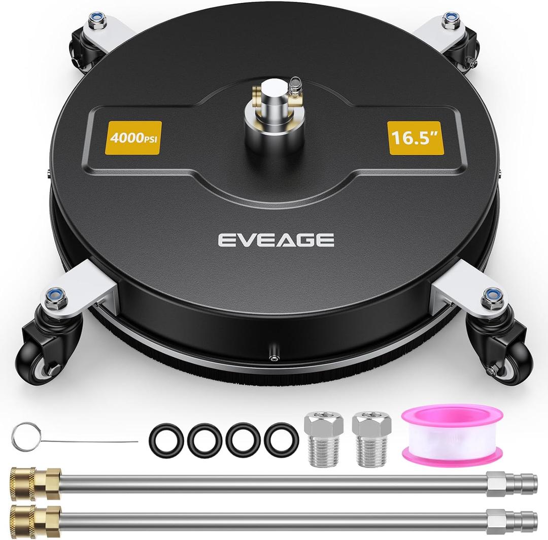 EVEAGE 16.5" Black Pressure Washer Surface Cleaner,Stainless Steel Power Washer Surface Cleaner w/Extension Wand, Wheels 4 and Replacement Nozzle - Powerful Pressure Washer Attachment for Driveways