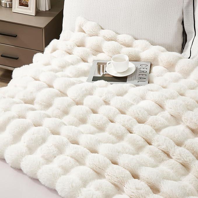 Cute Cozy Comfy Shaggy Furry Blanket, (Cream White 4/5 FT )