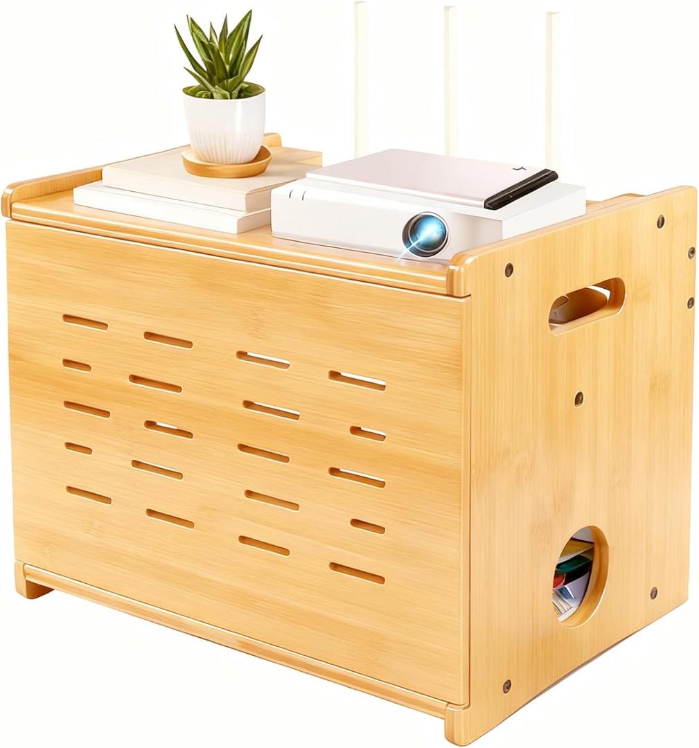 Fullin Upgrade WiFi Router Storage Box Hider, Large Capacity Projector Shelf, Wall Mount or Desktop Cable Management Box, Bamboo Modem Organizer Power Strip Hider Rack Need Assembly