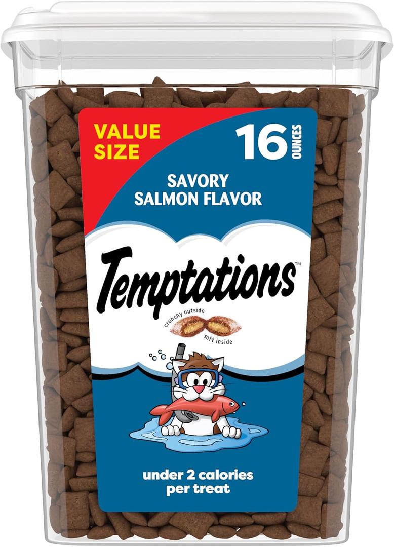 Temptations Cat Treats Classic Crunchy and Soft Cat Treats, Savory Salmon Flavor, 16 oz. Tub (EXP 09/12/26)