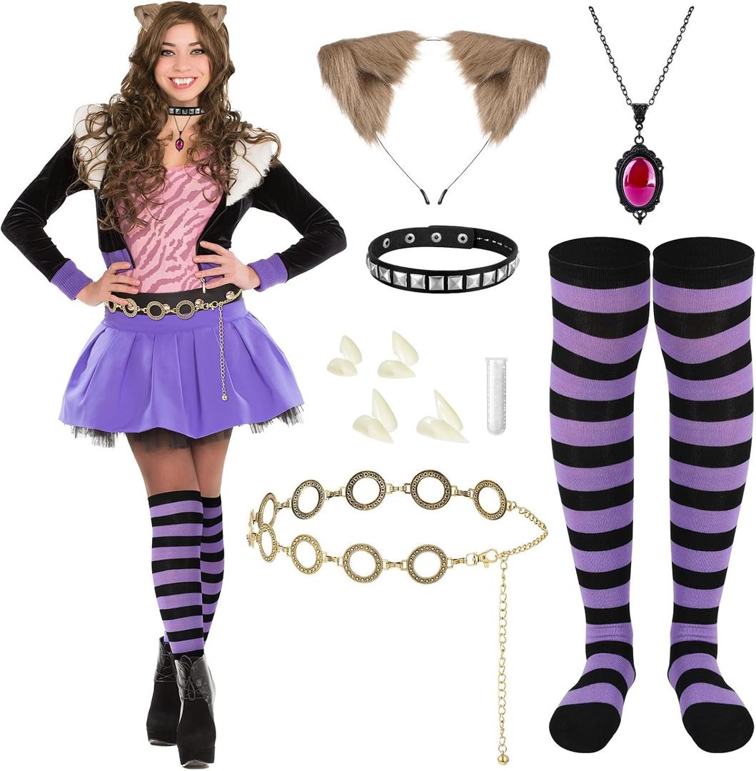 6 Pcs Halloween Costume Accessory Wolf Ears Necklace Choker Striped Sock Fake Teeth for Women Cosplay