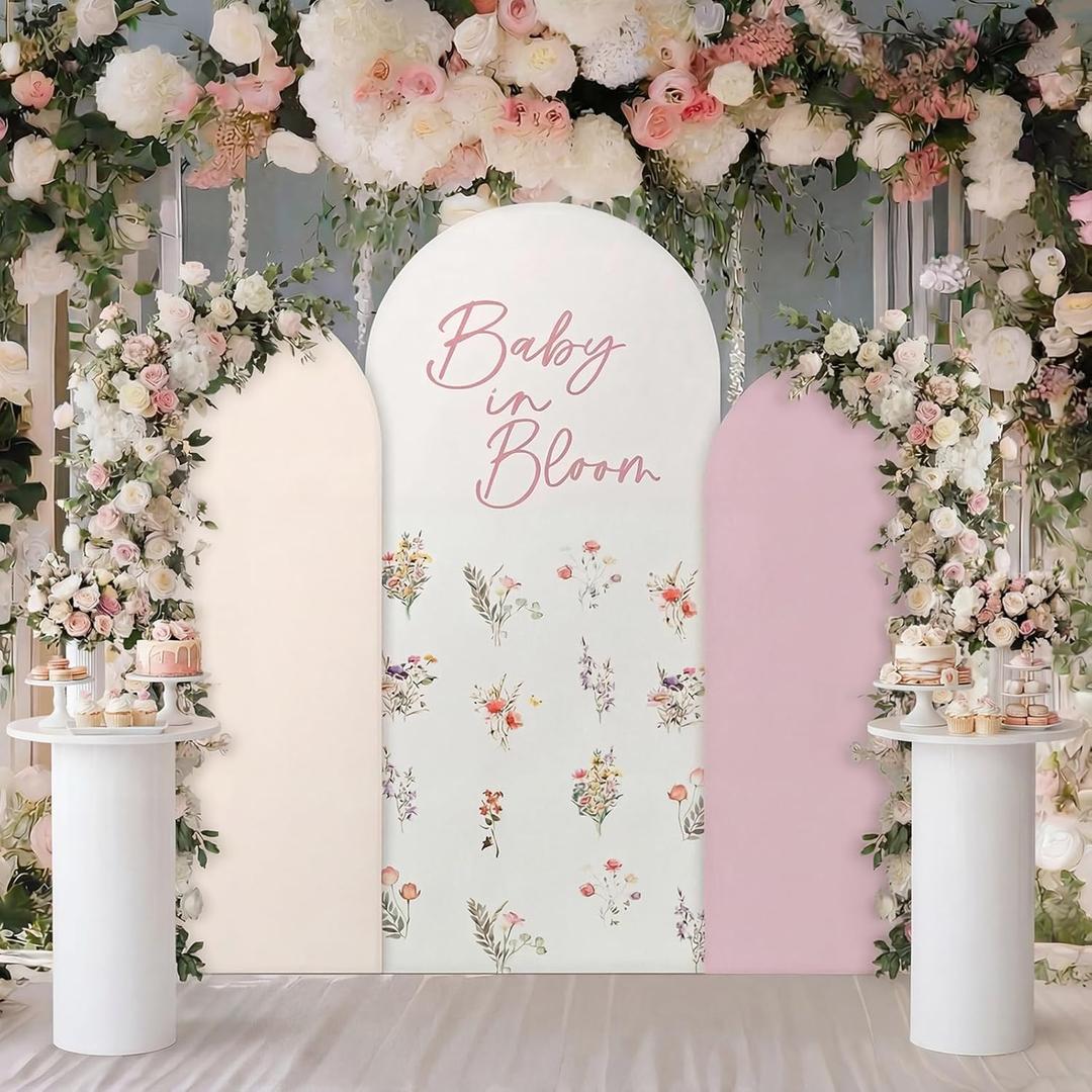 Chunful 3 Pcs Baby Shower Arch Backdrop Cover Baby in Bloom Photo Background Decor 2-Sided Round Top Cute Wildflower Backdrop Arch Cover for Bridal Shower Birthday Party Decor 6 ft/5 ft/4 ft (Pink)
