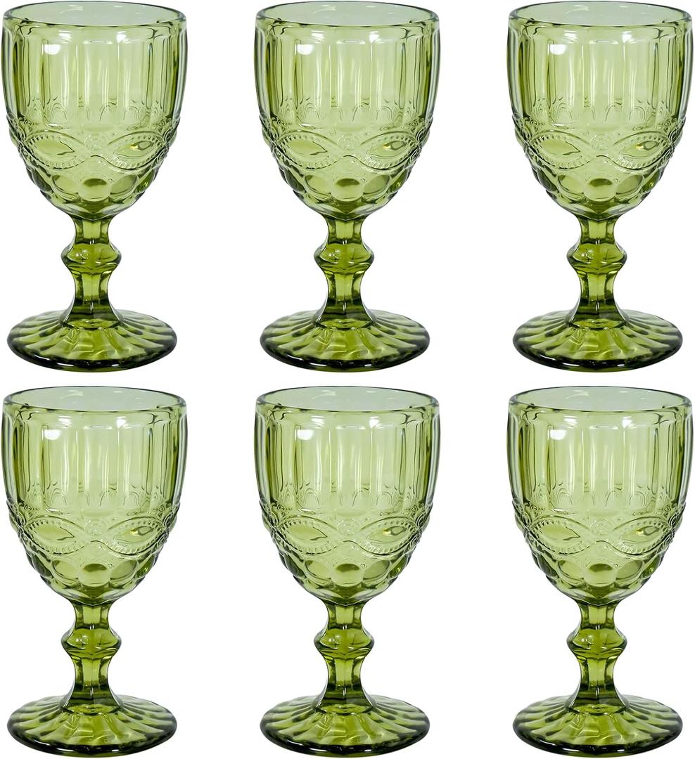Vintage Liquor Glasses Set of 6, 12 OZ Colored Glass Water Goblets, Embossed Floral Decorative Crystal Glass Cups Set, Dishwasher Safe, for Wedding, Party, Red Liquor Glass, Bars, Restaurants