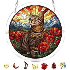 Acrylic Puzzle Suncatcher, Cat & Flower Stained Glass Window Hanging, Sun Catcher Puzzle Kit Home Garden Decor, Creative Mothers Day and Birthdays Gifts for Mom, Wife, Sisters, 7.87 inch