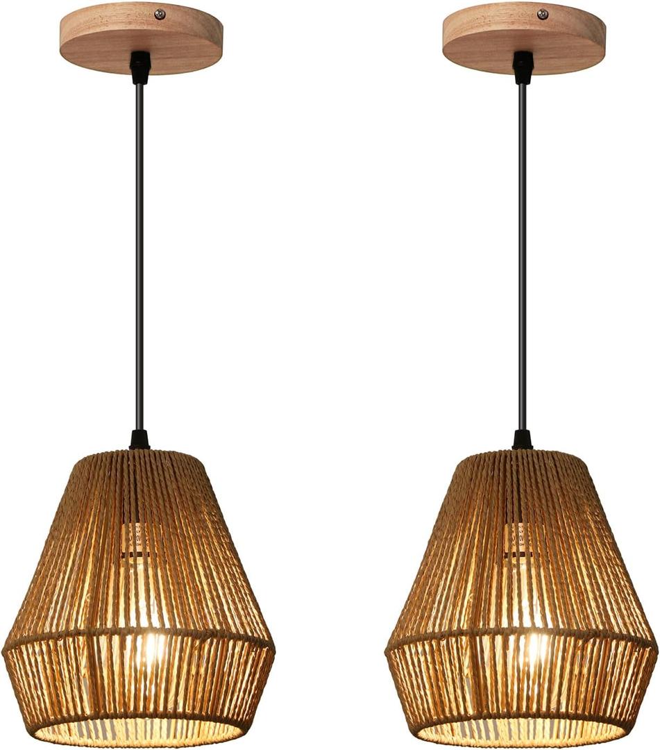 Woven Rattan Pendant Light Fixture, 7'' Mini Boho Pendant Lights Kitchen Island 2 Pack Farmhouse Natural Hanging Pendant Lighting with Handwoven Basket Shade for Bedroom Foyer Bar Hallway (Wood Canopy+Brown)