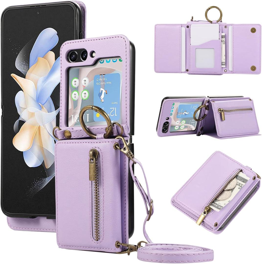 Compatible with Samsung Galaxy Z Flip 6 5G 2024 Wallet Case and Crossbody Shoulder Strap Ring Buckle Hinge Protection Stand Card Holder Phone Cover for ZFlip6 Z6 G Flip6 6Z Women Girls Men Purple