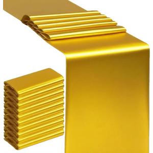 10 Pack Gold Table Runners 12 X 108 Inches Wedding Golden Satin Table Runner for Party Birthday Banquet Bridal Shower Christmas Engagement Rectangle Round Tables Overlay Decorations