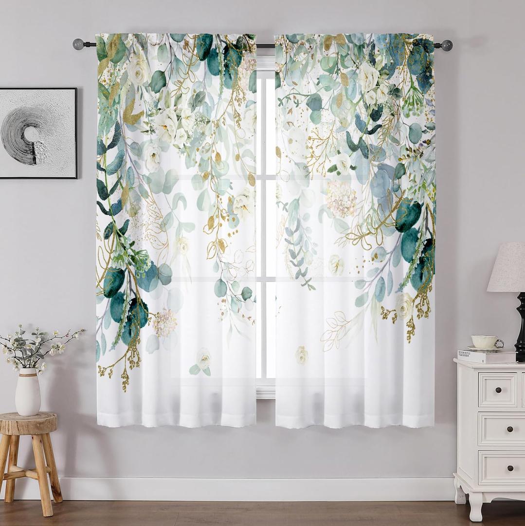 Green Eucalyptus Leaves Curtains 63 Inch Length 2 Panels, Elegant Wild Flower Floral Light Filtering Bedroom Living Room Kitchen Curtain for Small Window, Sage Green Drapes Rod Pockets, 42x63 Inches