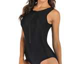 Yateen Womens Rash Guard Zip Front Sleeveless One Piece Swimsuit (Black), M