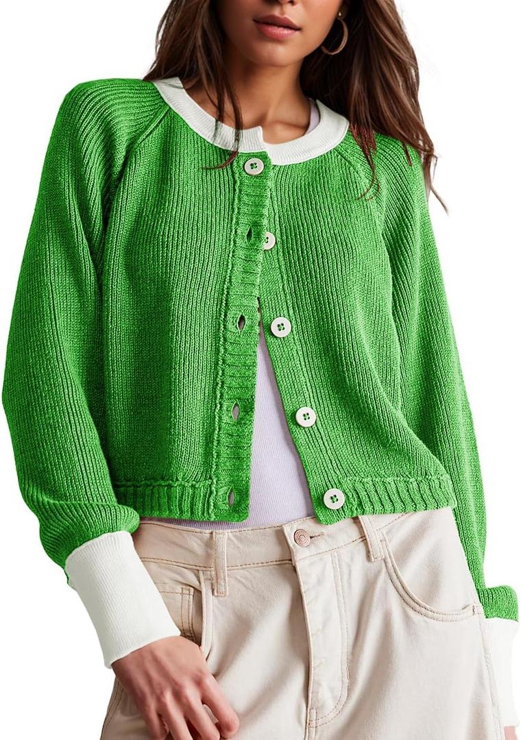 UNCLECAT Women's Cropped Cardigan Sweaters Fall Long Sleeve Open Front Cardigans Button Down Color Block Knit Outwear Coats (Green, S)
