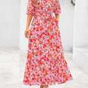 MASCOMODA Womens Floral Maxi Dresses Boho Summer Casual V Neck 3/4 Puff Sleeve Button Down Tie Waist Long Flowy Shirt Dress (Pink, M)