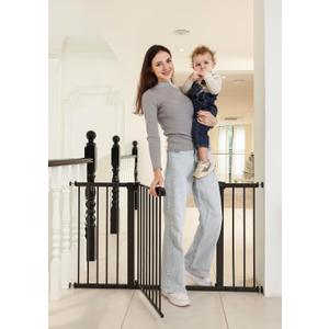 53.46"-55.63" Baby and Pet Safety Gate, 30" Tall Metal Walk-Thru Gate for Doorways & Stairs, Easy One-Hand Open, Dual Lock, Extensions & Wall Mounts Included (Brown, 29"-54" W x 30.5H)