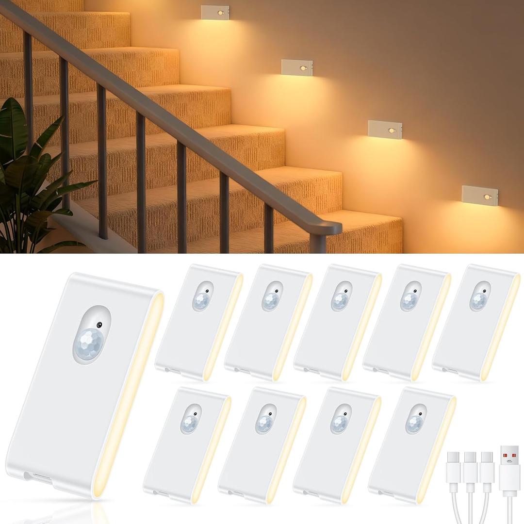 WILLED Rechargeable Night Light, Warm White Stair Lights Indoor, Wireless Motion Sensor Night Light, Stick On Lights for Stairs, Hallway, Stairway, Bathroom, Bedroom, Kitchen, 10 Pack