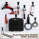 Landhoow 26 Pack Slatwall Accessories, 24 Pcs Multi Size Heavy Duty Slat Wall Hanging Hooks & Hangers with 2 Pcs Storage Straps for Storage Garage Wall Organization Garden Home Slatwall Paneling