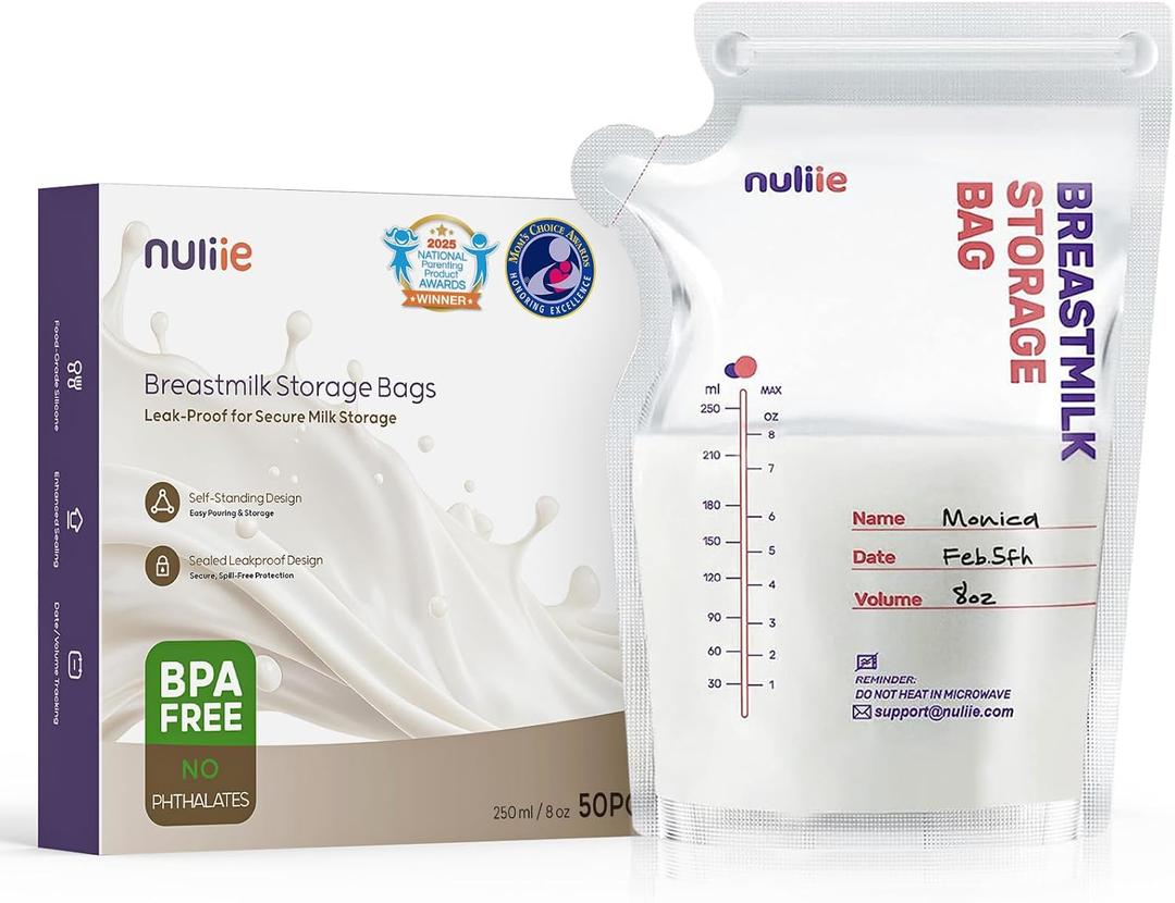 Nuliie 50 Pcs Breastmilk Storage Bags, 8 OZ Breast Milk Storing Bags, BPA-Free, Milk Storage Bags with Pour Spout for Breastfeeding, Self-Standing Bag, Space Saving Flat Profile
