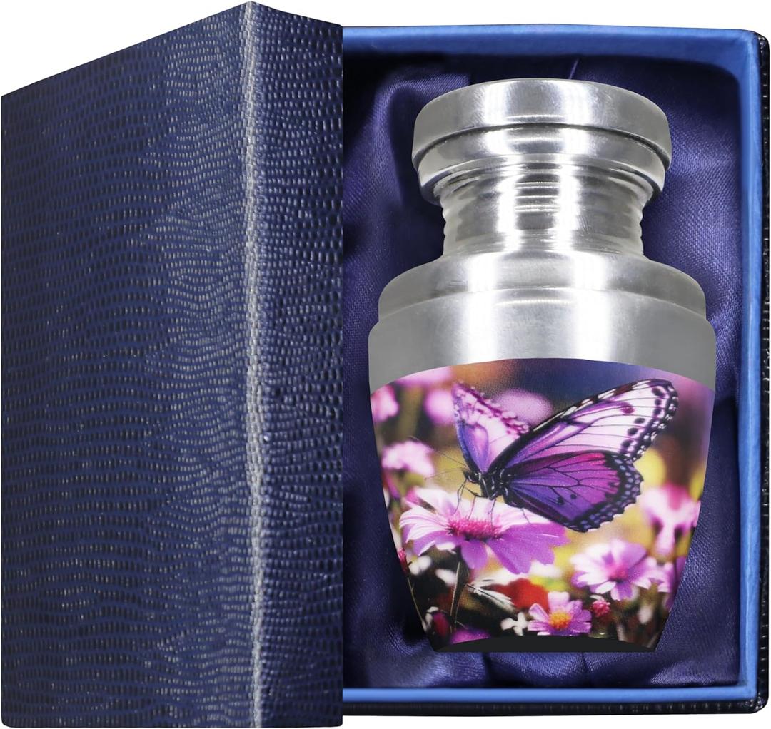 M MEILINXU Small Urn for Ashes for Women or Man, Keepsake Urns for Human Ashes Female & Male, Mini Decorative Urns, Miniature Cremation Container, Yellow Floral and Butterfly Urn - Little (Purple)