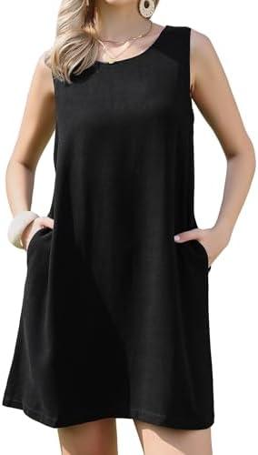 Allegra K Sleeveless Linen Shift Dress for Women's Summer Casual Crew Neck Beach Vacation Clothes with Pockets, Size S, Black