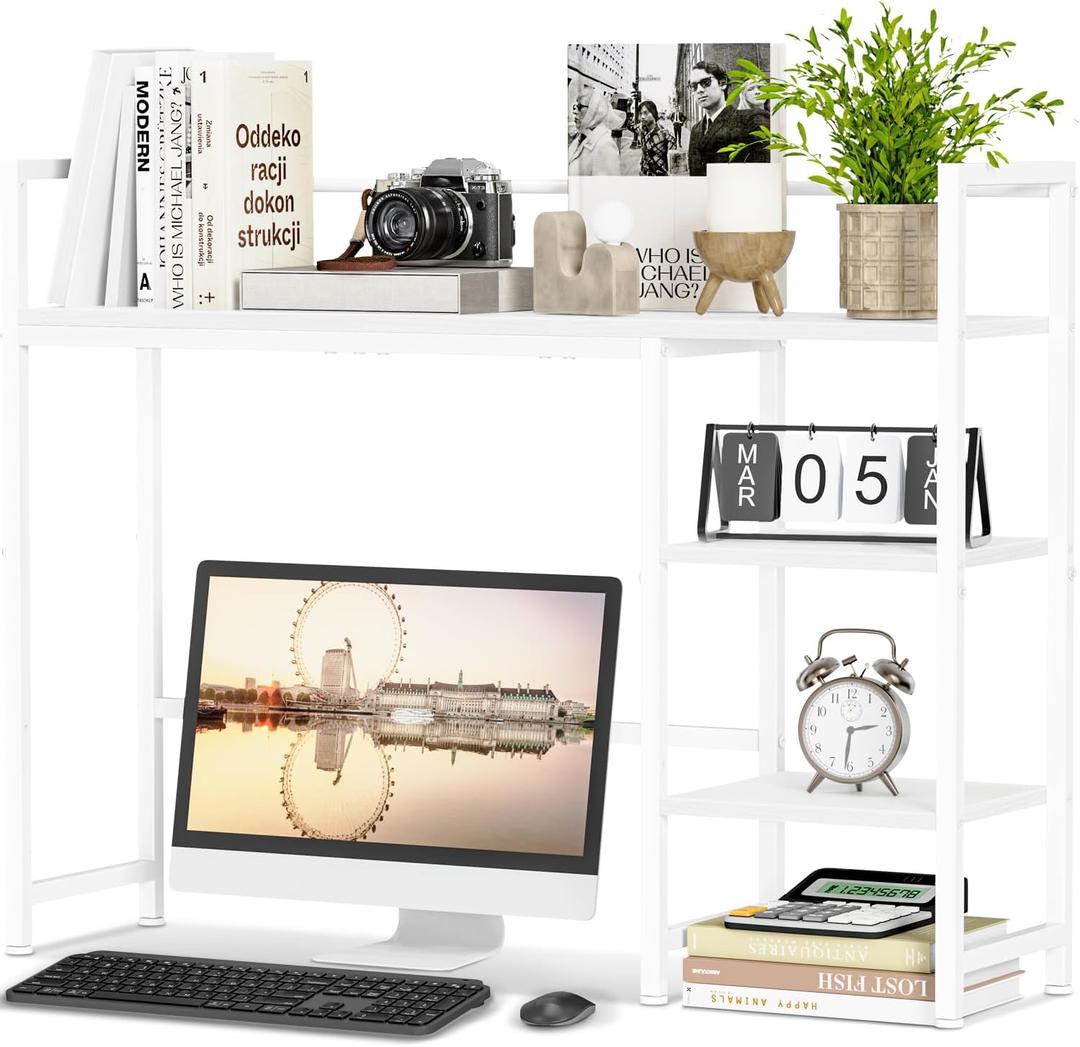 Snughome Desk Shelf, 38.6" Desktop Organizer Shelf, Desk Hutch for Computer Monitor, 4 Tier Desk Display Rack, Wood Desktop Bookshelf Storage Rack for Home Office Dorm, White