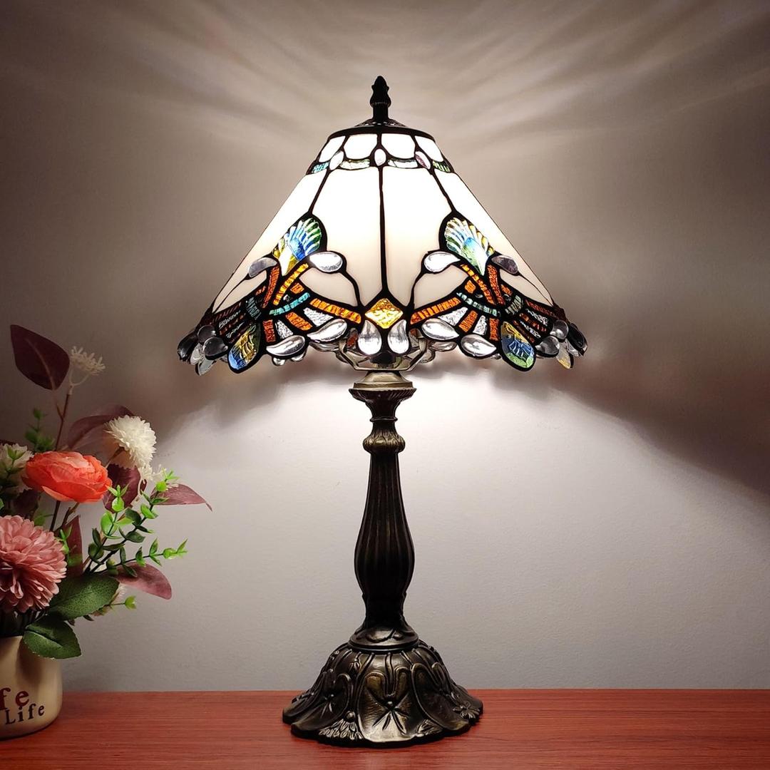 Tiffany Lamp White Baroque Style Stained Glass Lamp 12X12X19 inch Vintage Bedroom Table lamp 3-Way Tiffany Style Reading Desk Light for Home Living Room Office Include Light Bulb