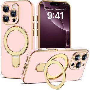 Compatible with iPhone 16 Pro Case with Magnetic Ring Stand [Compatible with Mag-Safe] [Full Camera Lens Protector] Soft Plating Phone Case for iPhone 16 Pro 6.3", Solid Pink