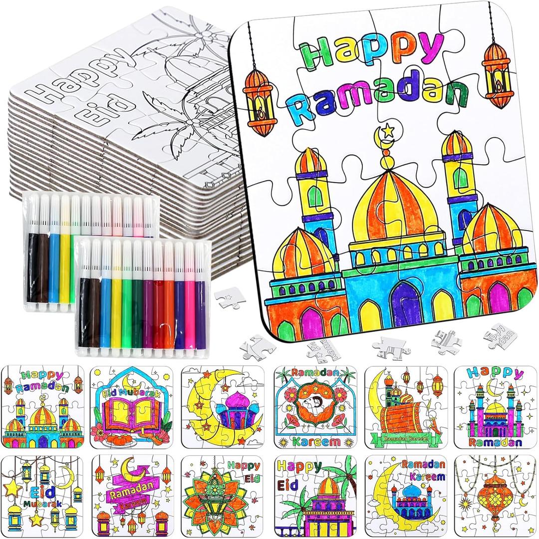 24 Pcs Ramadan Crafts for Kids, Eid Mubarak Arts and Crafts DIY Puzzle with Lanterns, Stars, Masjid, Moon, Castles, Ramadan Eid Activities Painting Kits for Islamic Gifts Party Favors & Goodies Bulk